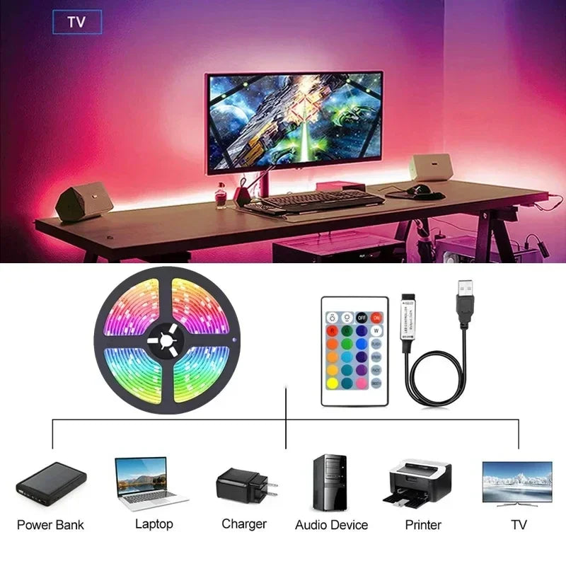 USB LED Strip Lights - Flexible 5050 RGB Color-Changing Tape for Room Decoration and TV Backlighting